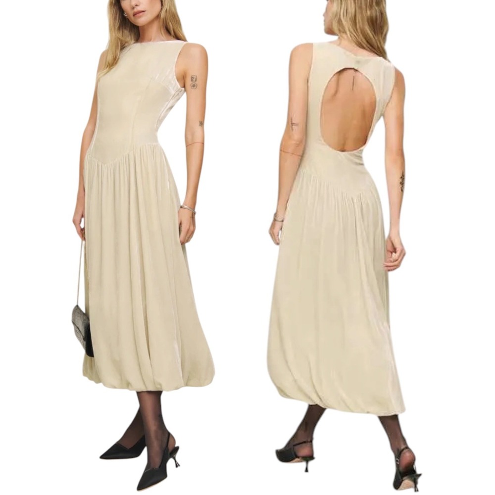 NWT REFORMATION Elvira Velvet Midi Dress in Almond. Size 0